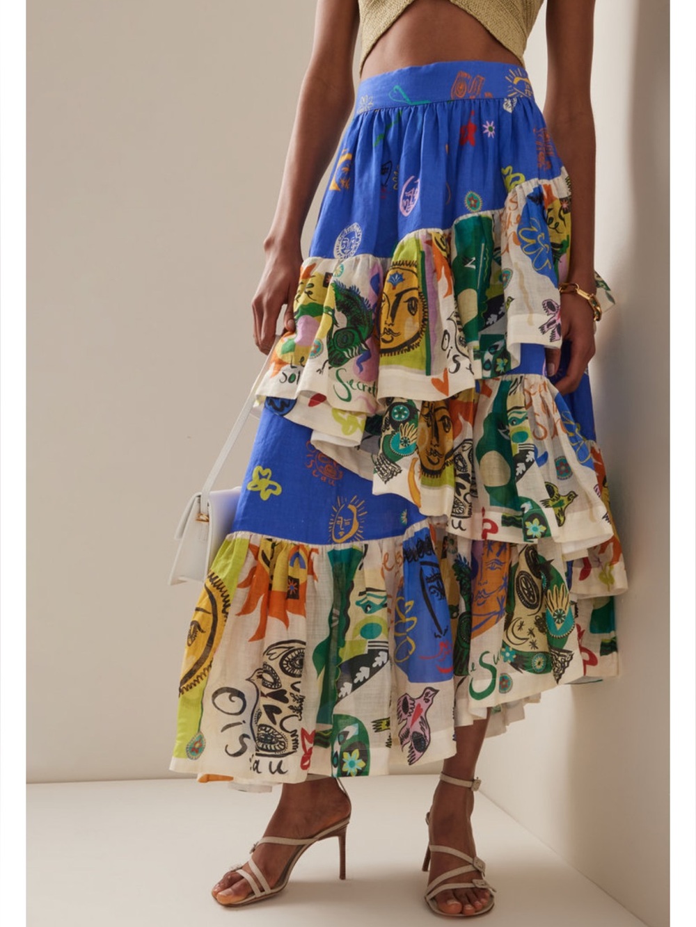 NWT  asymmetrical ruffled midi skirt Soleil print Ruffle Skirt size L